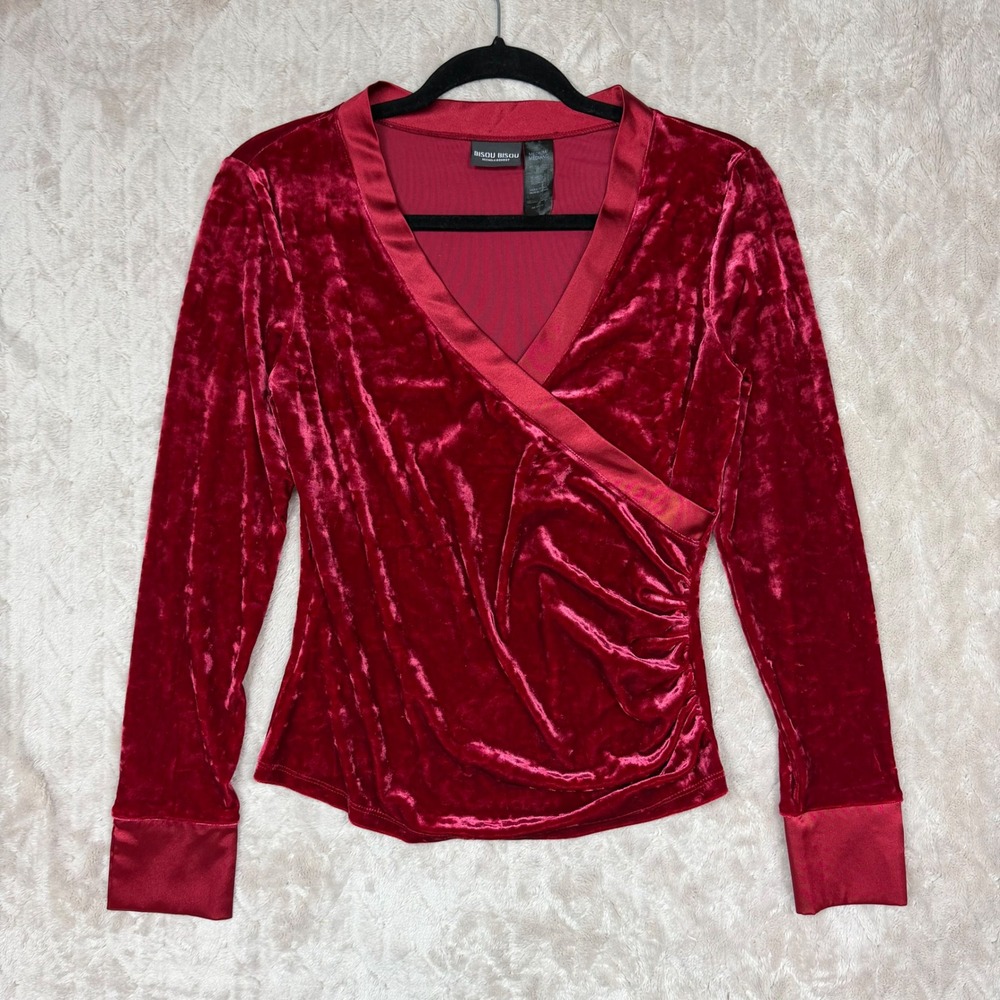 Y2K Bisou Bisou Michele Bohbot Red Crushed Velvet Wrap Top Long Sleeve Sz Medium
